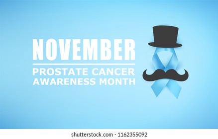 Vector illustration of light blue ribbon with mustache, hat and text. November - Prostate Cancer Awareness month. Men health awareness.