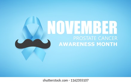 Vector illustration of light blue ribbon with mustache and text. November - Prostate Cancer Awareness month. Men health awareness.