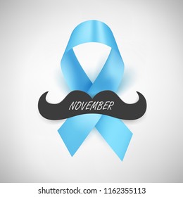 Vector illustration of light blue ribbon with mustache. November - Prostate Cancer Awareness month. Men health awareness.