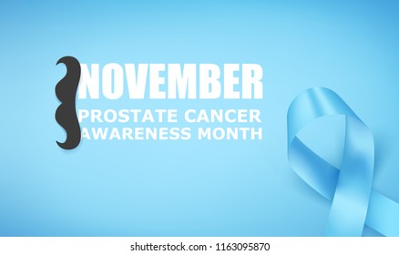 Vector illustration of light blue ribbon with mustache and text. November - Prostate Cancer Awareness month. Men health awareness.