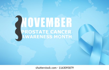 Vector illustration of light blue ribbon with mustache and text. World map on backgrop. November - Prostate Cancer Awareness month. Men health awareness.