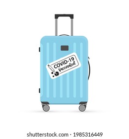 Vector illustration of light blue suitcase with Covid-19 vaccinated sticker on white background. Luggage travel bag, digital green certificate. Time to travel during coronavirus Covid-19 pandemic.