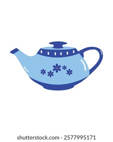 Vector illustration of a light blue teapot decorated with dark blue floral patterns