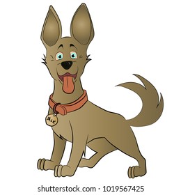 Vector illustration of a light brown dog with a brown strap on a white background