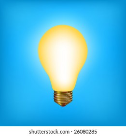 vector illustration of the light bulb brighten with yellow light on the blue background