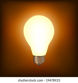 vector illustration of the light bulb brighting with yellow light on the brown background