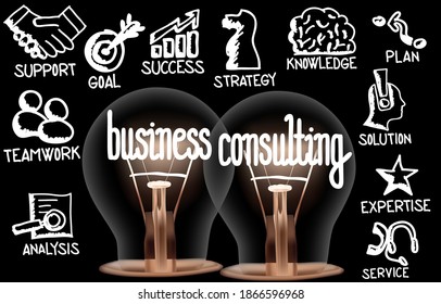 Vector Illustration of light bulb group with icons and shining fibers in a shape of Business Consulting, Expertise, Service, Knowledge and Strategy concept related words isolated on black background