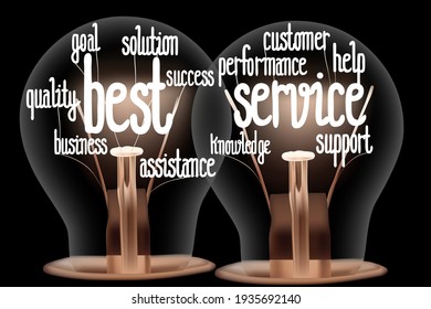 Ilustración vectorial del grupo de bombillas de luz con fibras brillantes en forma de palabras relacionadas con el concepto de mejor servicio, cliente, rendimiento, solución y ayuda aisladas en fondo negro
