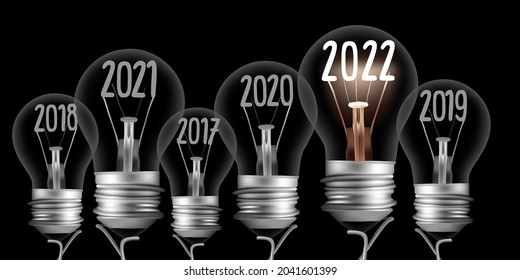 Vektorgrafik von Glühbirnen mit Fasern in Form von Neujahr 2022 und Jahre vergangen einzeln auf schwarzem Hintergrund.