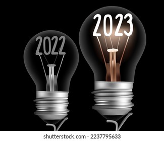 Vector Illustration of light bulb group with fiber in a shape of 2023 and dark light bulb with 2022 isolated on black background. New Year concept.