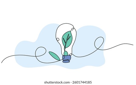 Vector illustration of light bulb with growing plant. Modern flat in continuous line style.