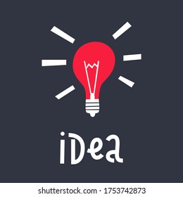 Vector illustration of a light bulb, hand lettering Idea - Icon on dark grey background, isolated