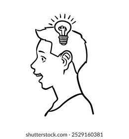 Vector illustration, light bulb in head, idea born stock illustration, Profile man. Idea. A light bulb in my head. Human brain. Psychology of thinking.