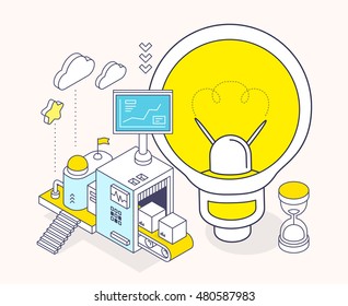 Vector illustration of light bulb, hourglass and three dimensional mechanism with conveyor and monitor on light background. Generation of energy and creative ideas. 3d thin line art style design