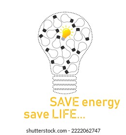 Ilustración vectorial. Bombilla de luz con muchas bombillas en el interior, aislada sobre fondo blanco. Vista lateral. El concepto de ahorro de energía. La inscripción "Ahorra energía. salvar la vida"
