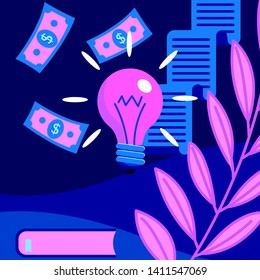 A vector illustration with light bulb, money, book and documents.