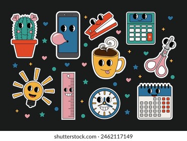 Vector illustration of light bulb office supplies, clock, cactus, coffee cup, phone, etc. Funny elements in cartoon style