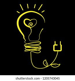 Vector illustration, a light bulb with a plug with leaves and a heart inside, isolated on a black background