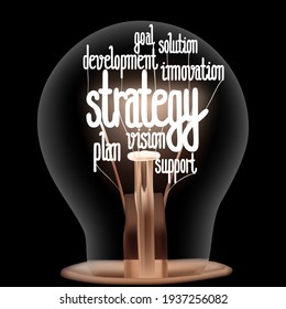 Vector illustration of light bulb with shining fibers in a shape of Strategy, Goal, Plan, Development and Support concept related words isolated on black background