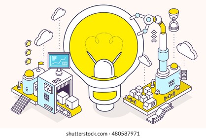 Ilustração vetorial de lâmpada e mecanismo tridimensional com transportador e mão robótica sobre fundo de luz. Geração de energia e idéias criativas. 3D design de estilo de arte linha fina