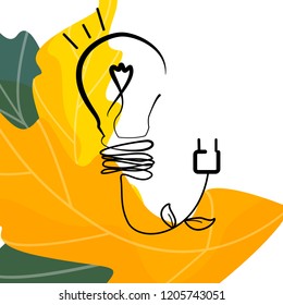 Vector illustration, a light bulb with a wire on which leaves, against the background of plants.
