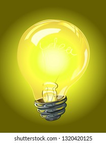 Vector illustration. Light bulb with the word of idea and rays shine. Decoration for greeting cards, prints for clothes, posters