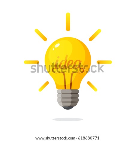 Vector illustration. Light bulb with the word of idea and rays shine. Decoration for greeting cards, prints for clothes, posters