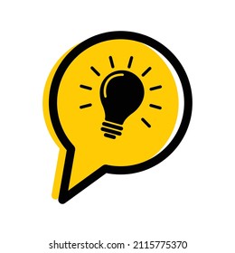 Vector illustration of light bulb in yellow speech bubble. Energy and idea symbol. Creativity and innovation concept. Flat design for project management, marketing.