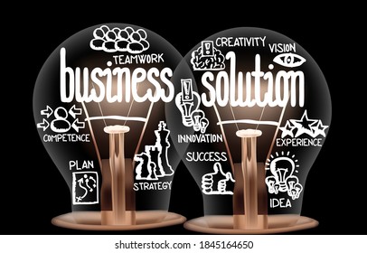 Vector illustration of light bulbs group with shining fiber and icons in a shape of Business Solution, Teamwork, Creativity, Vision, Idea and Plan concept related words isolated on black background