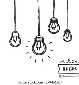 Vector Illustration Of Light Bulbs Isolated On White, Ideas And Creative Process Concept Art