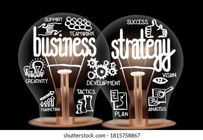 Vector Illustration of light bulbs with shining fibers in a shape of Business Strategy, Plan, vision, Support, Success and Teamwork concept related words isolated on black background