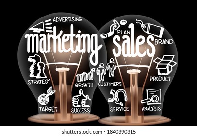 Vector illustration of light bulbs with shining fibers in shapes of Marketing Sales, Advertising, Product and Strategy concept related words isolated on black background