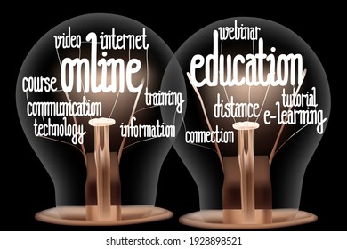 Vector illustration of light bulbs with shining fibers in a shape of Online Education, Internet, Webinar and Information concept related words isolated on black background