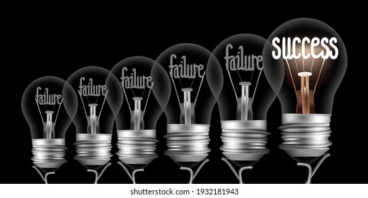 Vektorgrafik von Glühbirnen mit leuchtenden Fasern in Form eines Konzepts für Fehler und Erfolg einzeln auf schwarzem Hintergrund