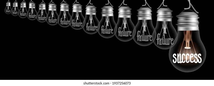 Ilustración vectorial de bombillas con fibras brillantes en forma de concepto de Fracaso y Éxito aisladas en fondo negro
