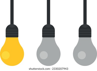 Vector illustration of light bulbs turned off and one light bulb on. Concept of creativity, intelligence and innovation.