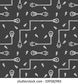 Vector illustration of light bulbs, wires and electric plugs isolated on black. Sketch-style seamless hand-drawn background