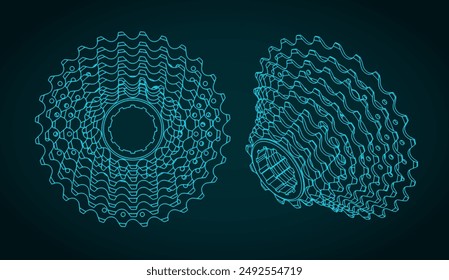 Ilustración vectorial de piñones de bicicleta de cassette ligero dibujos técnicos