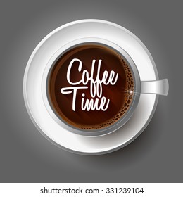 Vector illustration with a light cup of black hot drink on a gray table. Coffee time.