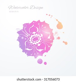 Vector illustration of light doodle style abstract flower on pink rainbow watercolor stain. Element for your design. EPS 10
