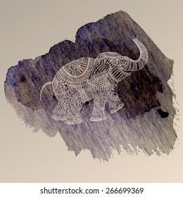 Vector illustration of light elephant silhouette with tribal ornament on dark watercolor  blotch on beige background 