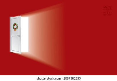 Vector illustration of light enters the decorated Christmas door opening,Holiday happiness is coming,empty red room,space for greeting card,Merry Christmas and Happy New Year red background