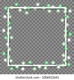 Vector illustration of light garland and frame isolated on background. Glowing light with place for text. Set of color string Christmas, New Year garlands. Realistic party decoration with transparency