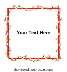 Vector illustration of light garland and frame isolated on background. Glowing light with place for text. Set of color string Christmas, New Year garlands. Realistic party decoration with transparency