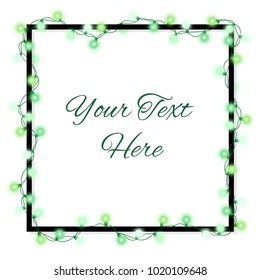 Vector illustration of light garland and frame isolated on background. Glowing light with place for text. Set of color string Christmas, New Year garlands. Realistic party decoration with transparency