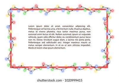 Vector illustration of light garland and frame isolated on background. Glowing light with place for text. Set of color string Christmas, New Year garlands. Realistic party decoration with transparency