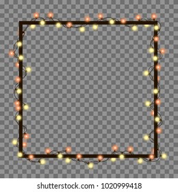 Vector illustration of light garland and frame isolated on background. Glowing light with place for text. Set of color string Christmas, New Year garlands. Realistic party decoration with transparency