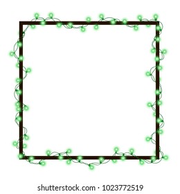 Vector illustration of light garland and frame isolated on background. Glowing light with place for text. Set of color string Christmas, New Year garlands. Realistic green decoration with transparency