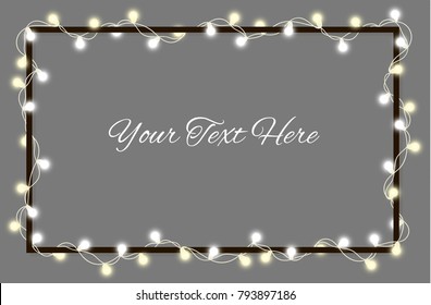 Vector illustration of light garland and frame isolated on background. Glowing light with place for text. Set of color string Christmas, New Year garlands. Realistic party decoration with transparency