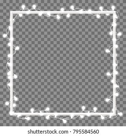 Vector illustration of light garland and frame isolated on background. Glowing light with place for text. Set of color string Christmas, New Year garlands. Realistic party decoration with transparency